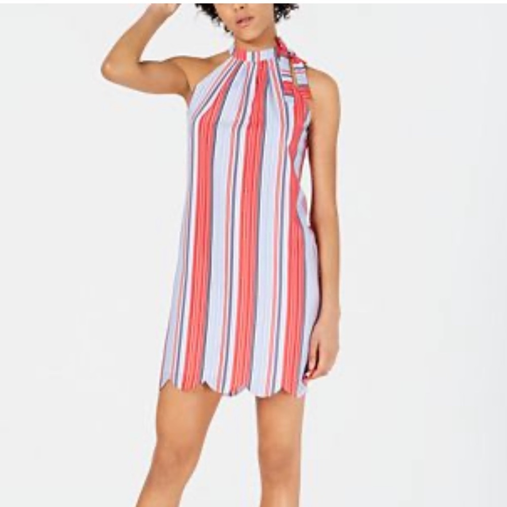Madison Jules Striped Tie Neck Dress Scalloped hem
